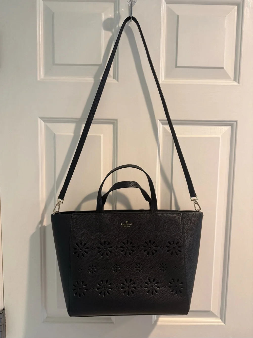 Kate Spade Black Pebbled Leather Floral Cutout Crossbody Tote